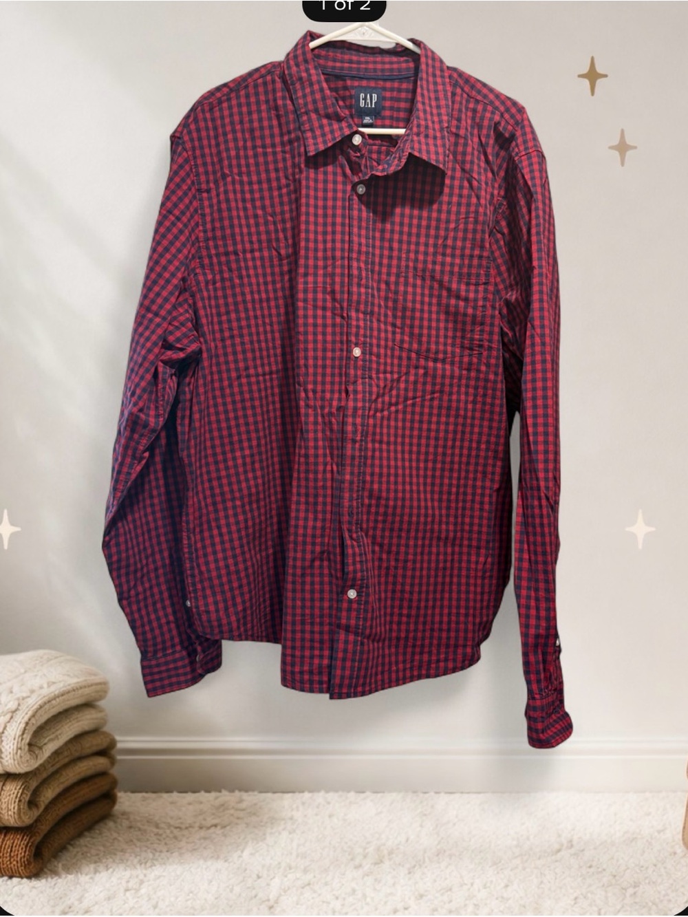 GAP Red and Black Check Long-Sleeve Button-Down Shirt